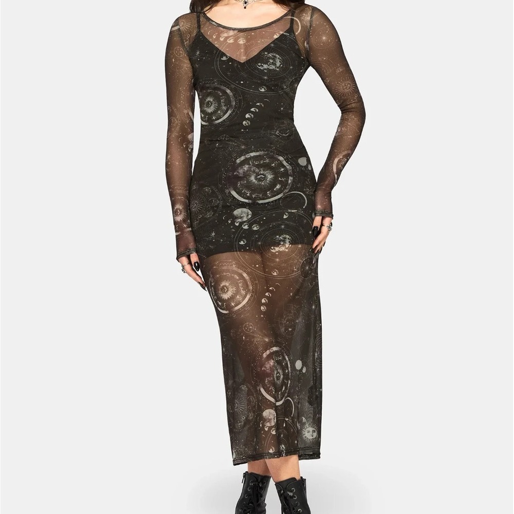 NWT Disturbia Elise Celestial Print Mesh Midaxi Dress No Slip Black US 6